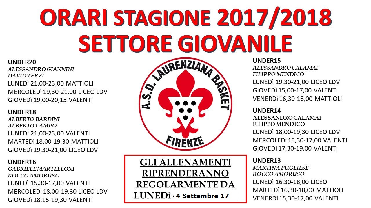 ORARIO SETTORE GIOVANILE